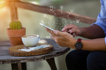 man using mobile payments online shopping and icon customer network connection.