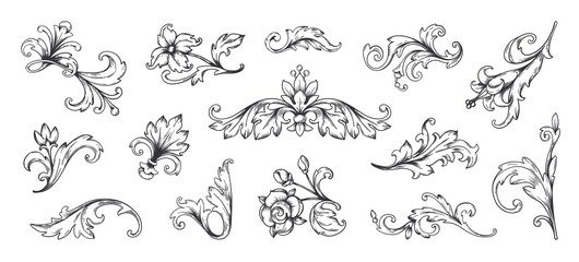 Baroque ornament. Vintage floral border elements, engraved leaves and frame filigree arabesque. Vector decorative vintage ornamental set for decorative illustration or engraving