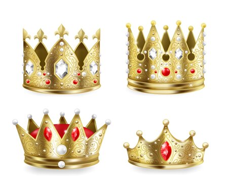 Golden crowns. 3D realistic royal heraldic decoration element, King and queen medieval luxury set. Vector image heraldic decoration, isolated golden monarchy crowns