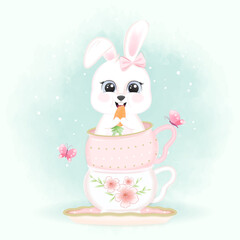 Baby rabbit eating a carrot in coffee cup and butterflies hand drawn cartoon animal watercolor illustration