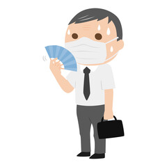 夏にマスクをしてる会社員の男性。暑くて扇子で仰いでるイラスト。