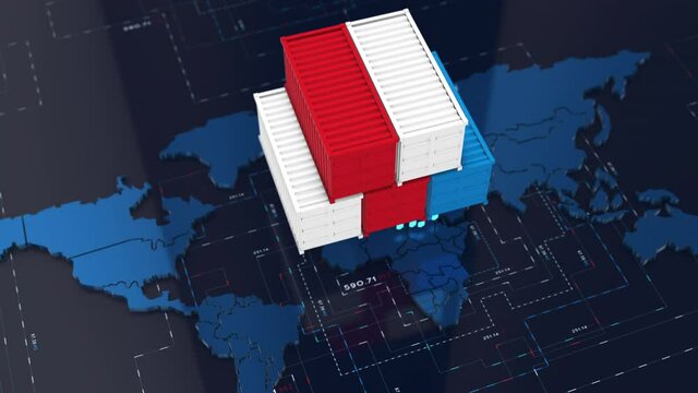 Stack of containers box on 3d world map, Cargo freight ship for import export logistics, 4k rendering 