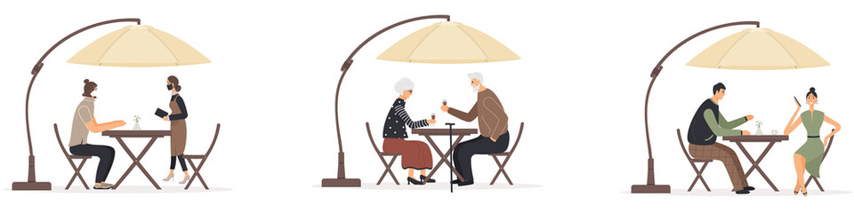 Set of men and women sitting at tables under umbrella in cafe or restaurant talking to each other, drinking coffee or wine,making an order to waitress during epidemic of virus. Vector illustration