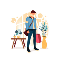 boy pose in stylish outfits and carry shopping bags, flat design concept. vector illustration