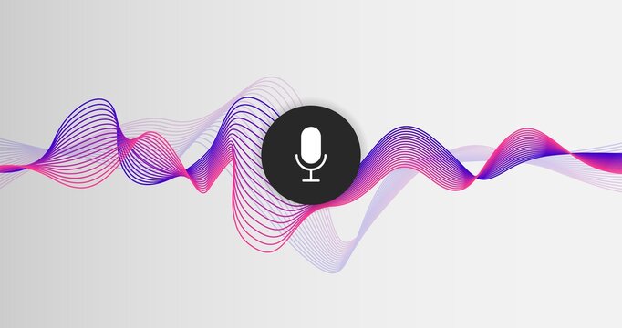 Intelligent technologies. Sound lines and mike symbol on light background, vector illustration