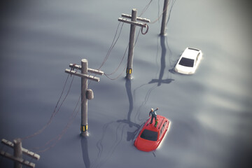 洪水で動けなくなった自動車と電信柱のジオラマ