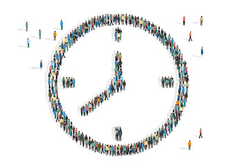 Volunteer your time. Clock made by people mob on white background, vector illustration in flat style