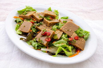 Seasoned Acorn Jelly Salad which is called Muk made of buckwheat