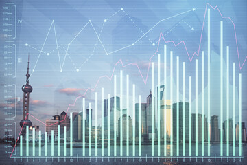 Forex graph on city view with skyscrapers background double exposure. Financial analysis concept.