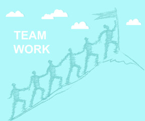 Obraz premium Group of people reaching mountain top together freehand pencil sketch. Hand drawn vector illustration