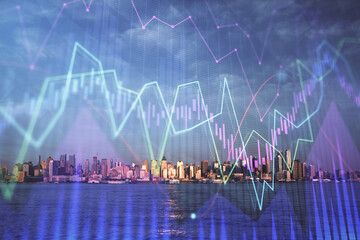 Forex chart on cityscape with skyscrapers wallpaper double exposure. Financial research concept.
