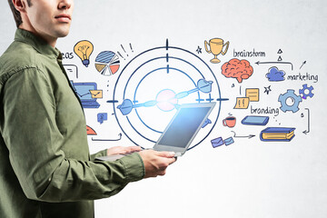 Man with laptop, time for business sketch