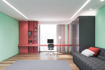 Minimalistic green and red home office with sofa