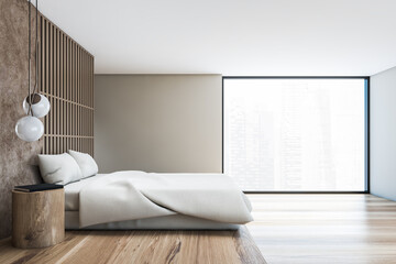 Loft beige master bedroom with window, side view