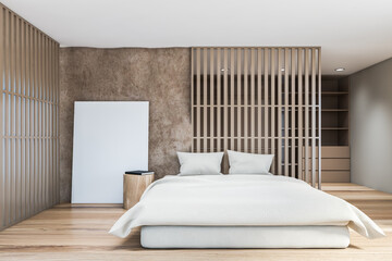 Loft beige bedroom with vertical poster