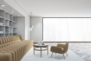 White living room, sofa and bookcase, side view