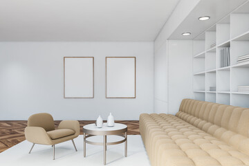 White living room with poster gallery, beige sofa