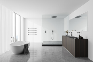 Fototapeta na wymiar White bathroom with tub, shower and sink