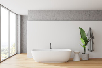 Fototapeta na wymiar Panoramic white and stone bathroom with tub