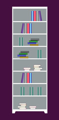 Illustration. White wooden bookcase with books in the interior of the house and apartment. Isolated against a purple wall