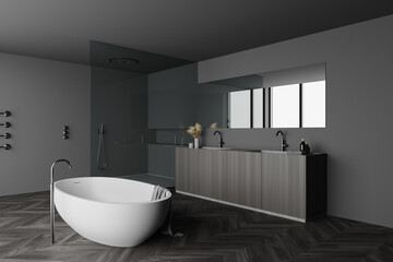 Obraz na płótnie Canvas Grey bathroom corner with tub, shower and sink
