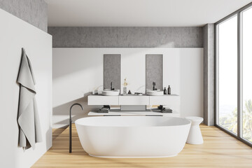 Fototapeta na wymiar Panoramic white and stone bathroom interior