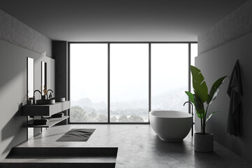Panoramic grey and stone bathroom, side view