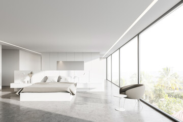 White panoramic master bedroom with armchair