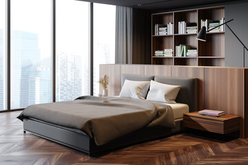 Grey master bedroom corner with bookcase