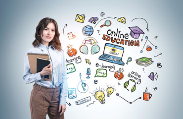 Woman with notebook, online education sketch