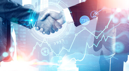Handshake in city, financial chart