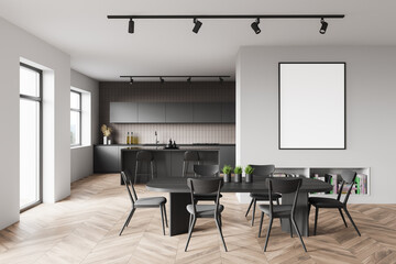 White and beige kitchen with table and poster