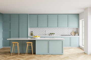 White and blue kitchen interior with bar - obrazy, fototapety, plakaty