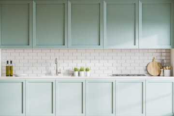 White and blue kitchen with countertops