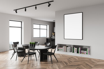 White dining room corner with poster