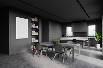 Grey kitchen corner with bar, table and poster