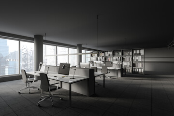 Panoramic gray open space office corner