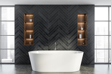 Black wooden bathroom interior with tub
