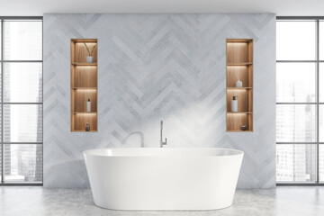 Naklejka na ściany i meble White wooden bathroom interior with tub