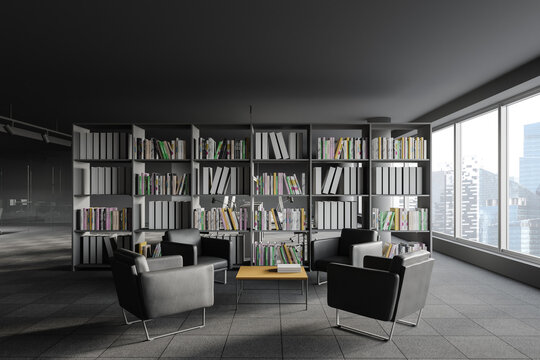Grey panoramic office library, side view