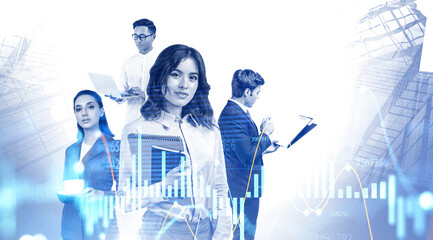 Diverse traders team in city, financial chart