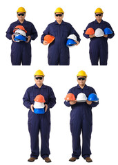 collection set of Full body portrait of a worker in Mechanic Jumpsuit isolated on white background