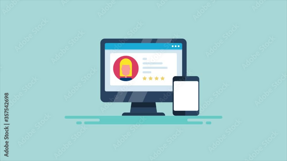 Aufkleber business review and rating concept. customer providing feedback via computer and mobile device with 