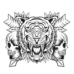 Roaring Tiger with Skull Lineart. Perfect for t-shirt/apparel, merchandise, tote bag, pin design, etc
