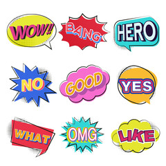 Set of comic text, pop art style or Comic speech bubbles set with different emotions. Vector bright dynamic cartoon illustrations...