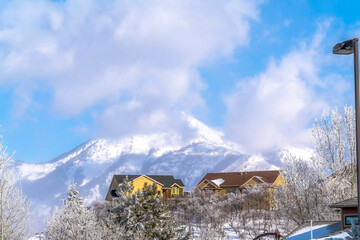 Distant snowy Wasatch Mountains with homes in foreground on a sunny winter day