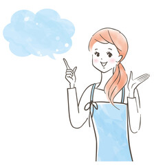 エプロンを着た笑顔のかわいい女性が説明している様子/節約のイメージ/パステル画/手描きのイラスト