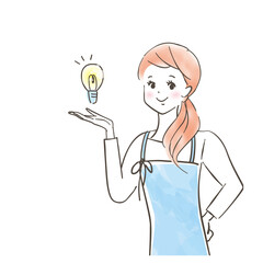 エプロンを着た笑顔のかわいい女性/節約のイメージ/パステル画/手描きのイラスト