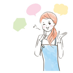 秘密教えるエプロンを着た笑顔のかわいい女性/パステル画/手描きのイラスト
