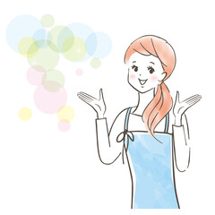 エプロンを着た笑顔のかわいい女性が説明している様子/節約のイメージ/パステル画/手描きのイラスト